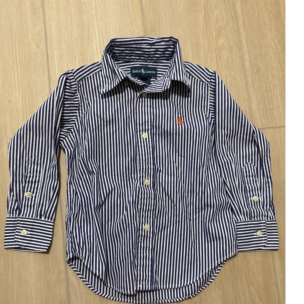 Ralph Lauren Kids Navy White Striped Button Down Shirt Long Sleeve Cotton 2 2T